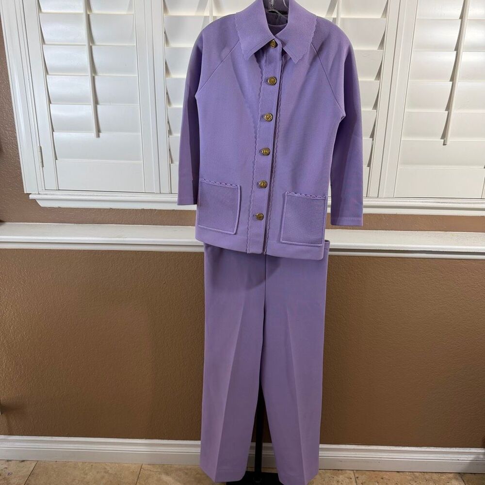 Vintage 70s Hedy Knits Of California 3 Piece Purple Pants Suit Sz S Mod Preppy